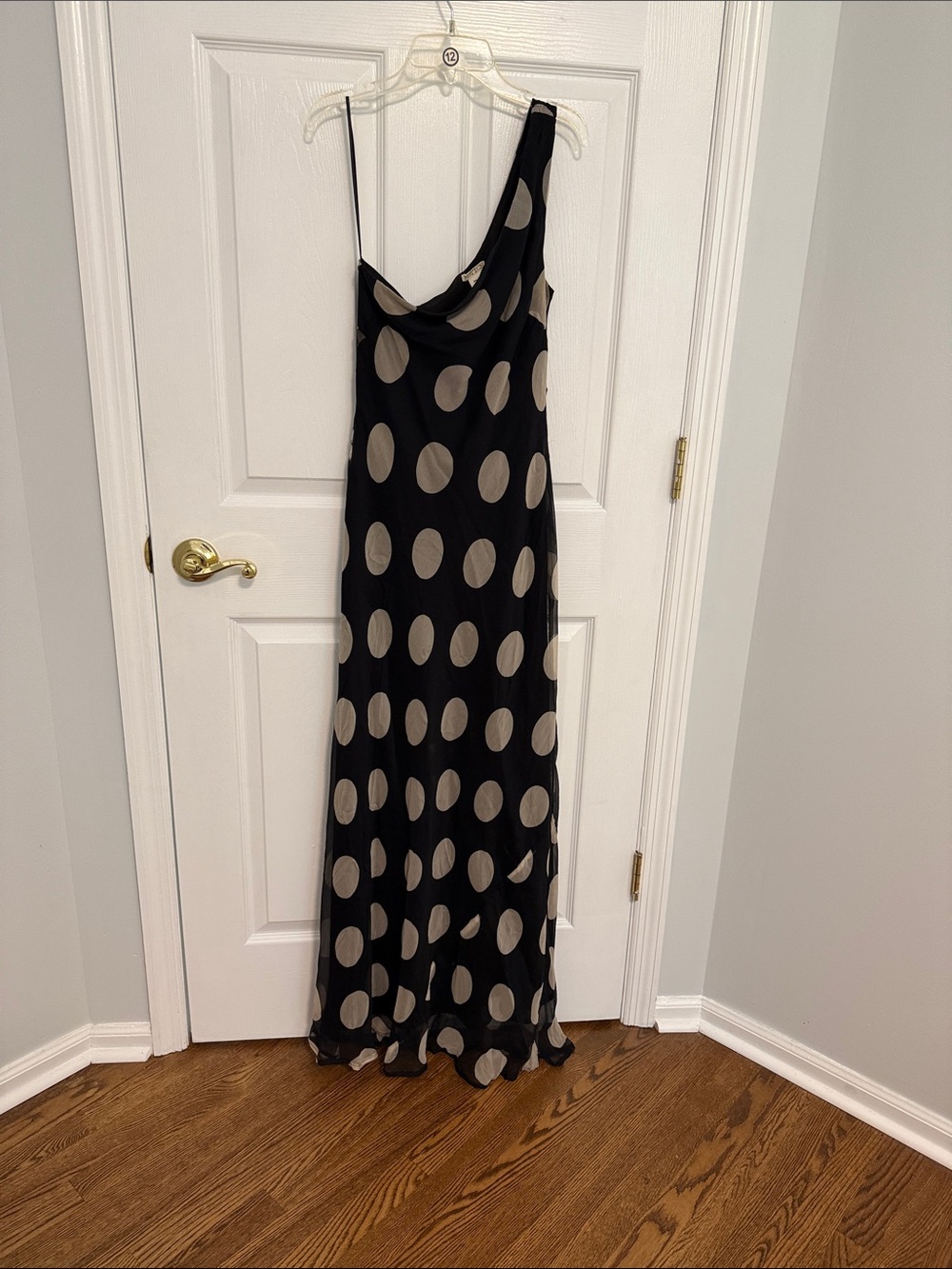 One-Shoulder Black Dress with Cream Polka Dots